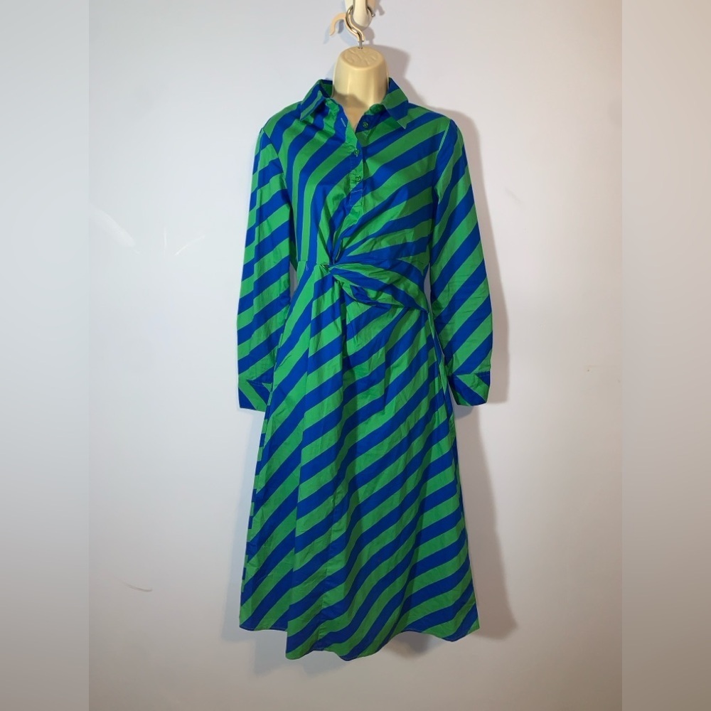 Scoop Green Blue diagonal Striped cotton shirt twist Dress women’s small midi